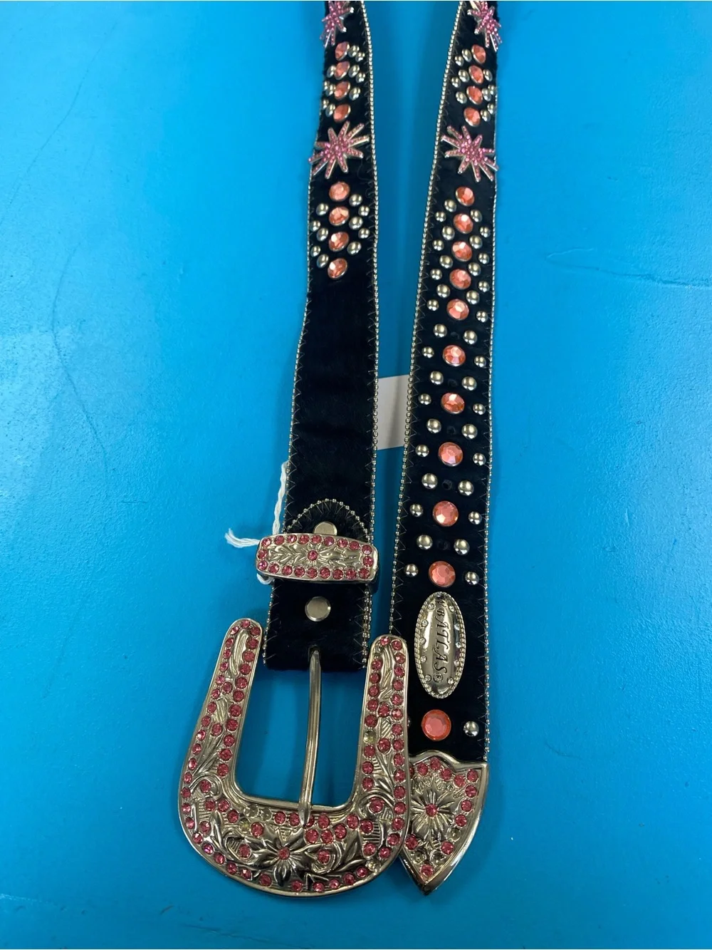 W b Atlas Black Hair-On Leather Belt with Pink Crystal Western Buckle